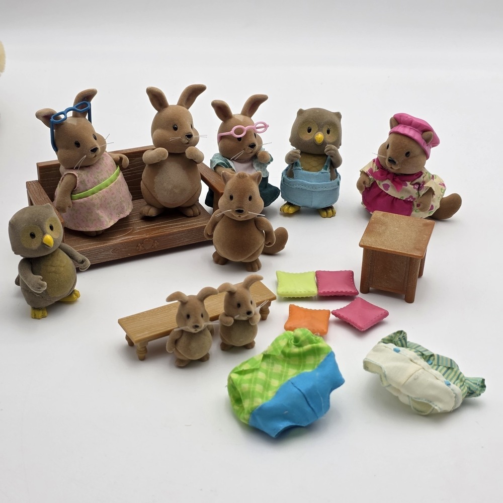 Calico Critters Little Woodzeez Cotton‎ ball Bunnies LOT OF 9 with Accessories.
